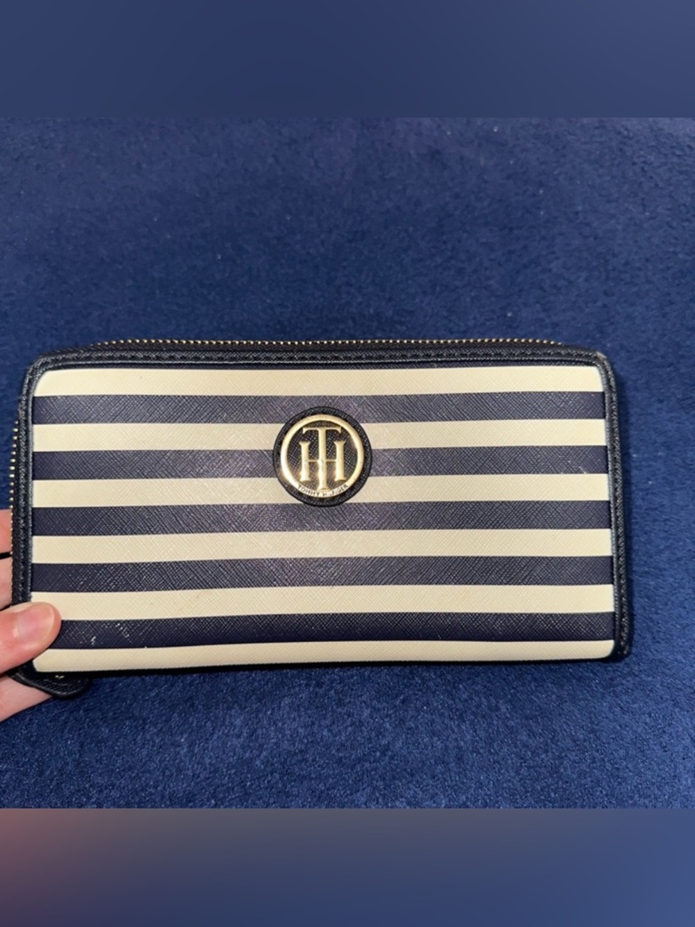 Tommy Hilfiger Blue and White Striped Wallet with zipper